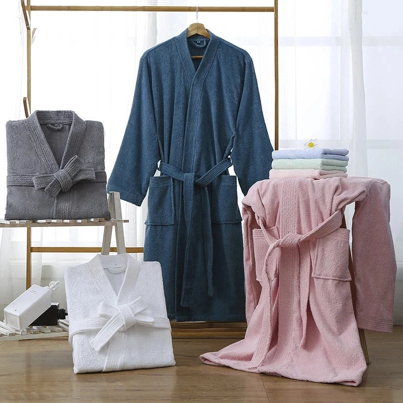 Women Towel Bathrobe 100%Cotton Long Thick Absorbent Terry Bath Robe Kimono Men LightWeight Waffle Solid Dressing Gown Sleepwear