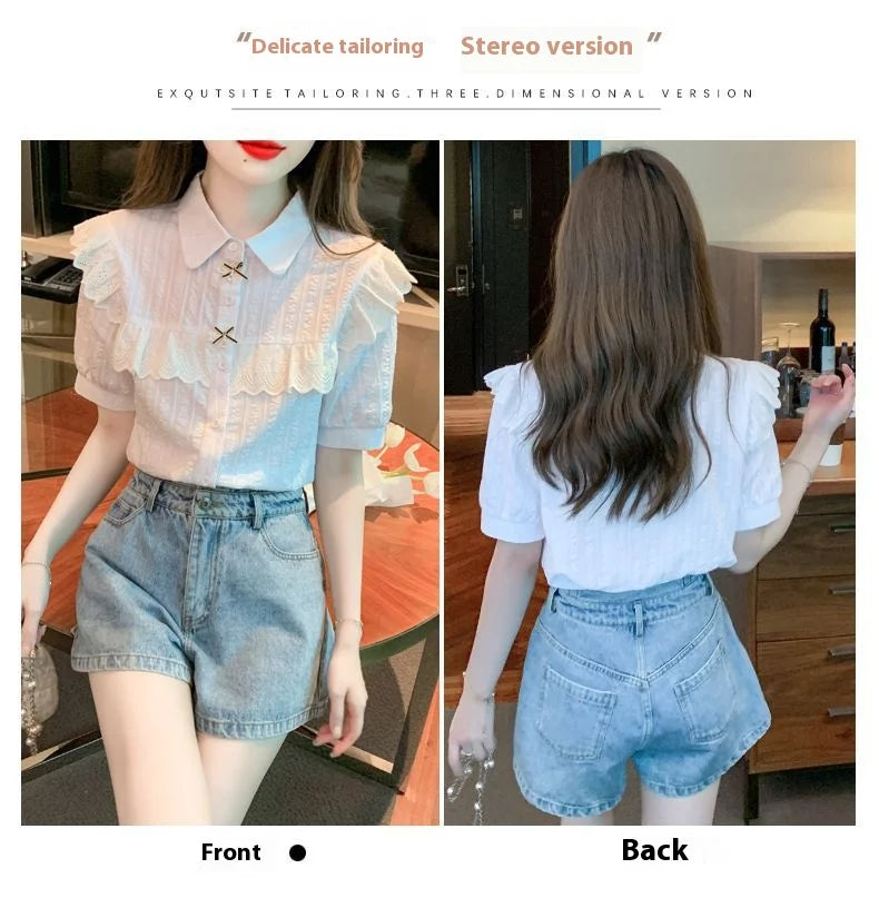 Summer Dress Women's Shirt T-Shirt New Women's Shirt Cotton Shirt Women's Foreign Design Sense Niche Short Sleeve Lace Top
