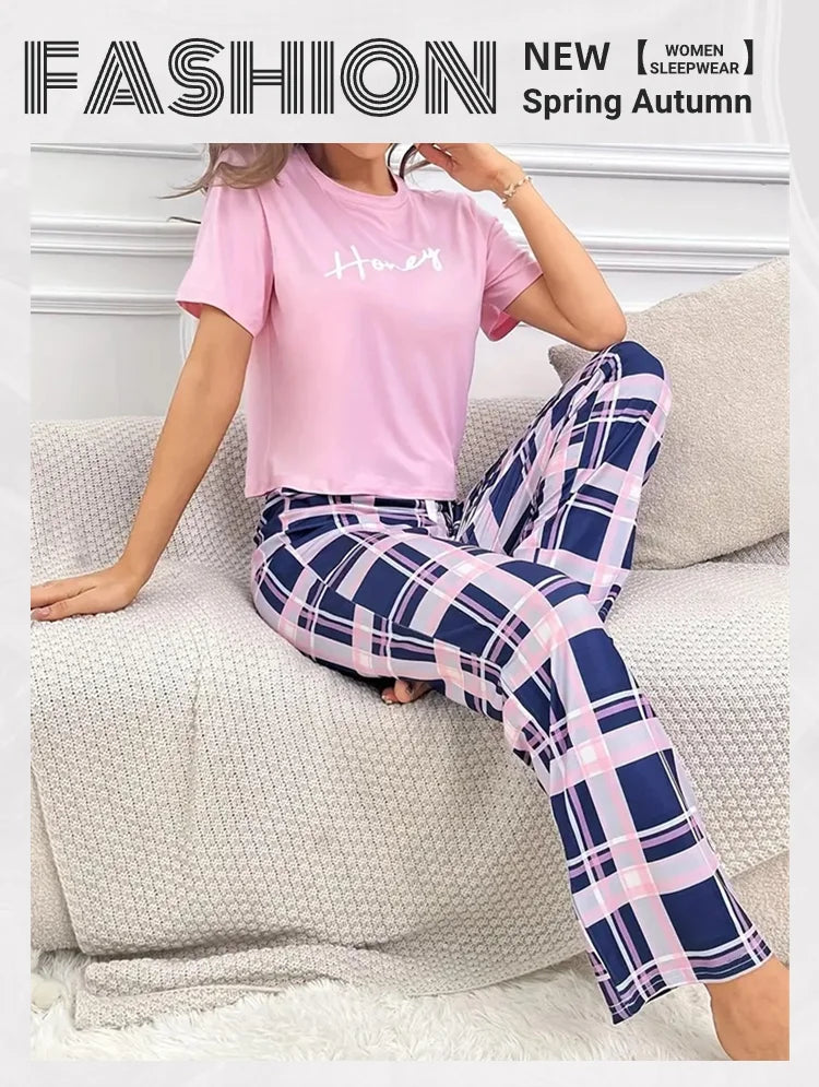 Women's Pajama Pj Set Letter Print Short Sleeve Top & Plaid Print Pants with Bow Details Casual Sleepwear for Adults All Seasons