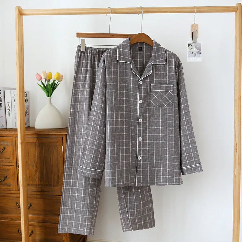 2025 Japanese New Men's Spring/Summer Pajama Set 100% Cotton Plaid Long Sleeve Pants Two Piece Set Large Relaxed Home Furnishing