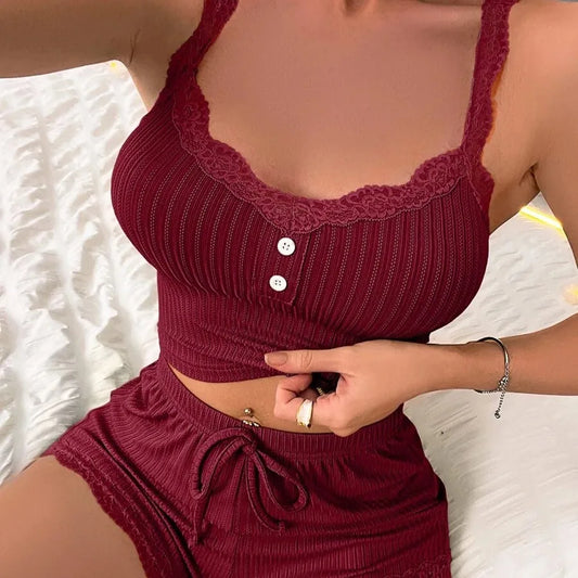 Best-selling ribbed knit women's solid-color sexy casual two-piece pajama set (camisole & shorts) for home wear