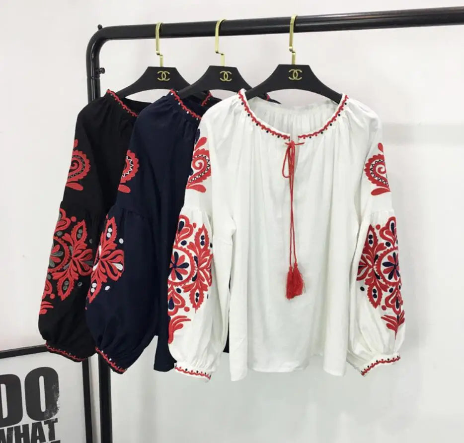 Bohemian Embroidered Dress for Women, Boho, Flower, O-Neck, Lantern Long Sleeve, High Waist, Cotton, White, Spring