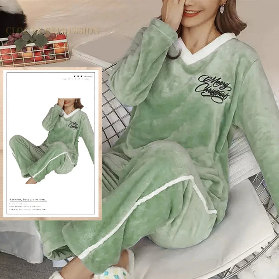 Autumn Winter Flannel Women's Pajamas Sets Polka Dots Printed Teddy Sleepwear Velvet Homewear Kawaii Girsl Pijamas Mujer Pyjama