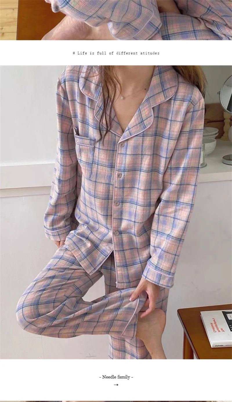 Pajamas Female Autumn and Winter Long-Sleeved Sweet Homewear Two-Piece Tide Cardigan Lapel Plaid Homewear 1