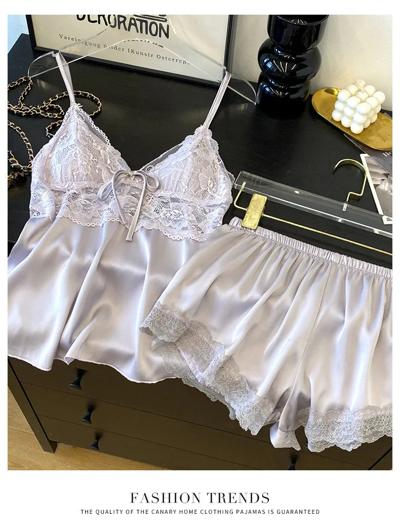 Female Suspender Pajamas Set Lounge Wear Sexy Hollow Out Lace Intimate Lingerie Sleepwear Summer New Strap Top&shorts Homewear