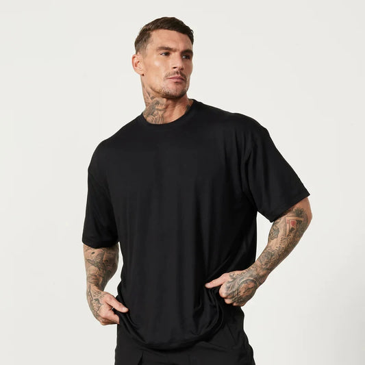 Oversized T-shirt Mens Cotton Dropped Shoulder Loose Short Sleeve Fitness T Shirt Summer Gym Bodybuilding Sports Tops Tees