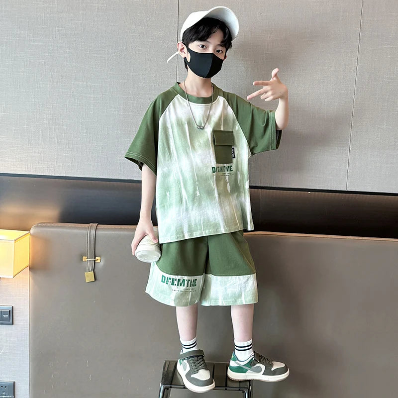 Boys Clothes Sets With Front Pocket 2025 Summer New Tshirts + Shorts Children's Clothes High Quality Kids Boy Sport Suits 5-14T