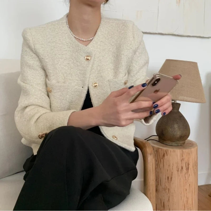 Women Autumn Winter 2025 French Vintage Coat Temperament High Quality Korean Casual Single Breasted Slim Tweed Jackets