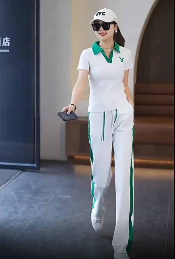 Women's Casual Sports Suit 2025 New Summer Spring Style Clothes Fashion Short Sleeve Lapel T-shirt Wide Leg Pants Two Piece Set