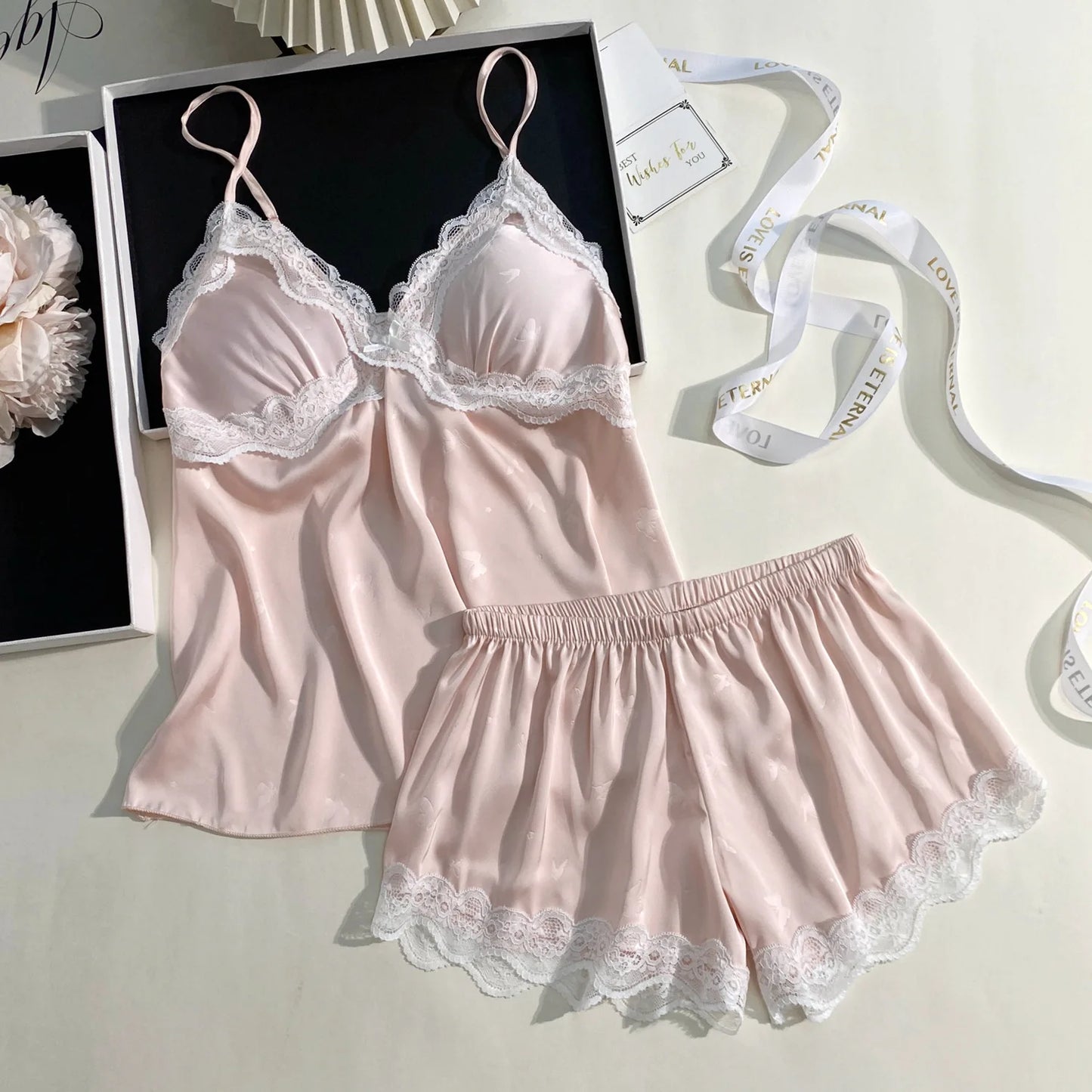Female Suspender Pajamas Set Lounge Wear Sexy Hollow Out Lace Intimate Lingerie Sleepwear Summer New Strap Top&shorts Homewear
