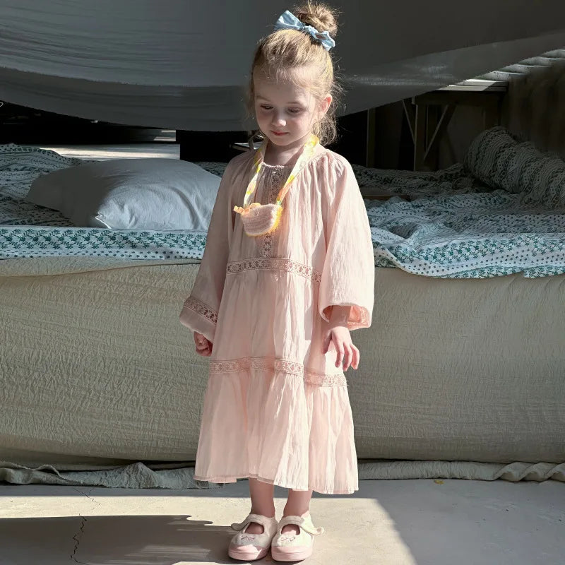 Girls Dress 2025 Spring New Elegant Lace Dress Sweet Girls Long Dress Ruffle Kids Dress For Girls