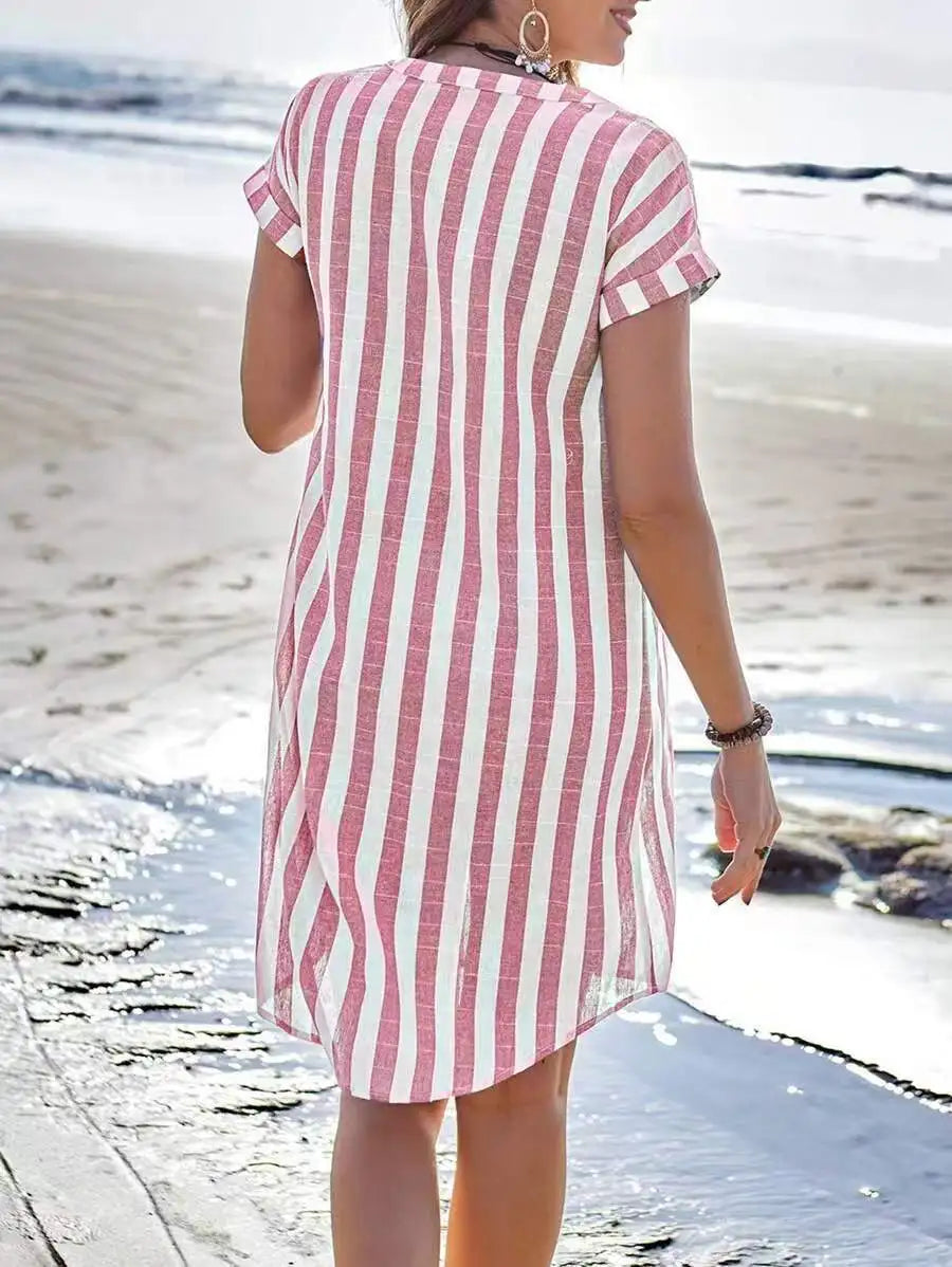 Women's Fashion Summer Shirt Dress Elegant Casual Striped Stand Collar Front Button Loose Short Sleeves Dresses