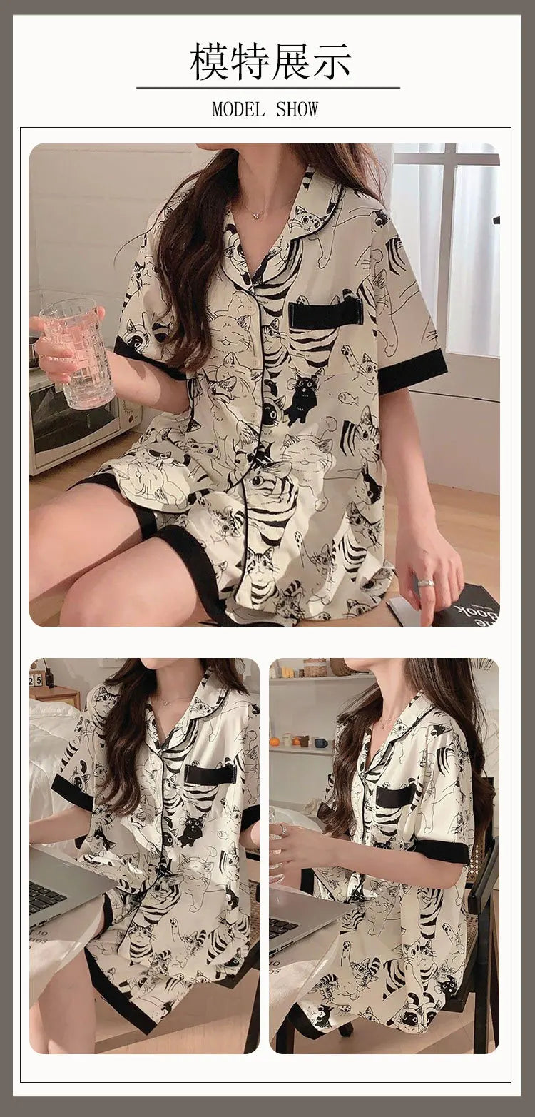 Pajama Pants Set Women's Clothing Homewear Summer Thin Cardigan Button Comfortable Casual Fashion Breathable Loose Large Size