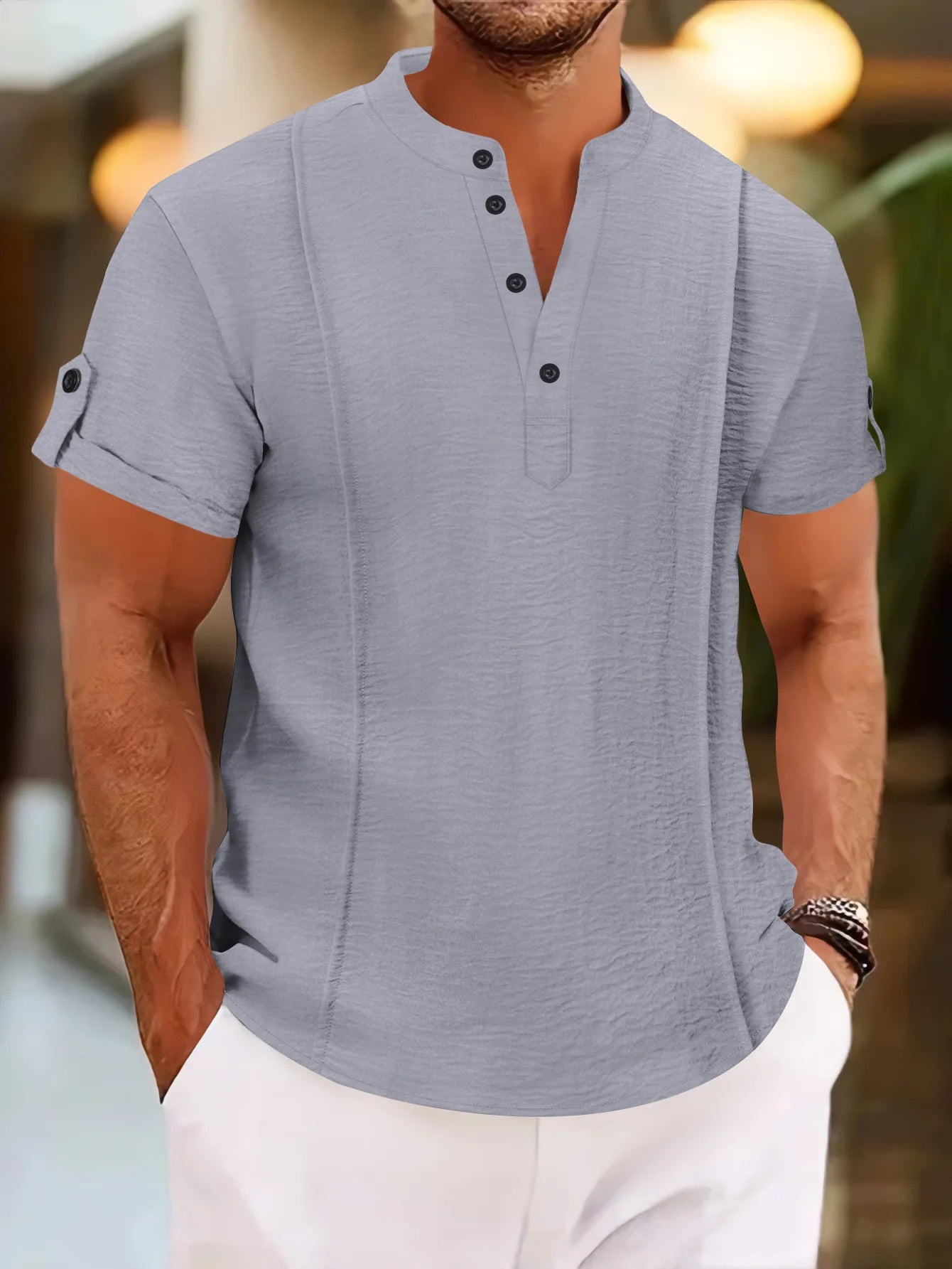 Men's summer new style standing collar short-sleeved POLO Shirts double button front casual outdoor beach wind solid color Tops