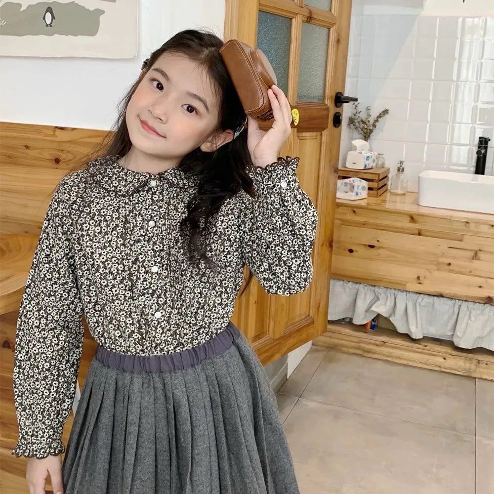 kids girls clothes baby tops cotton shirts fashion clothes girls French retro printed long sleeved shirt