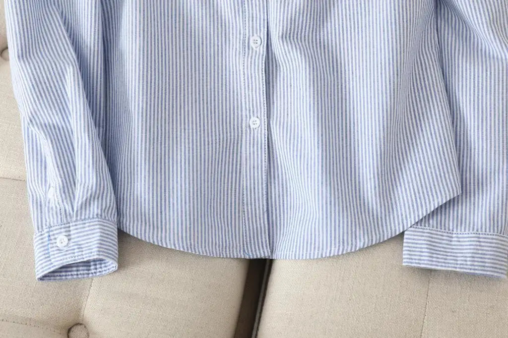 Casual Cotton Women's Oxford Shirt 2024 Autumn New Good Quality Woman Blouse and Tops Lady White Blue Striped Shirts Clothes