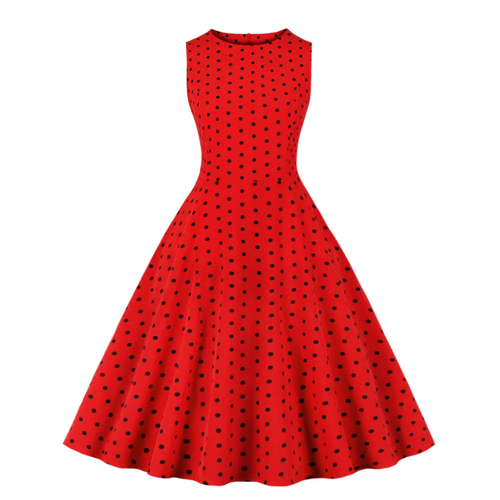 2025 New Women Party Dress Dot Print Sleeveless A Line 50s Evening Gowns Red A-line Tight Waist Prom Banquet Summer Midi Dress