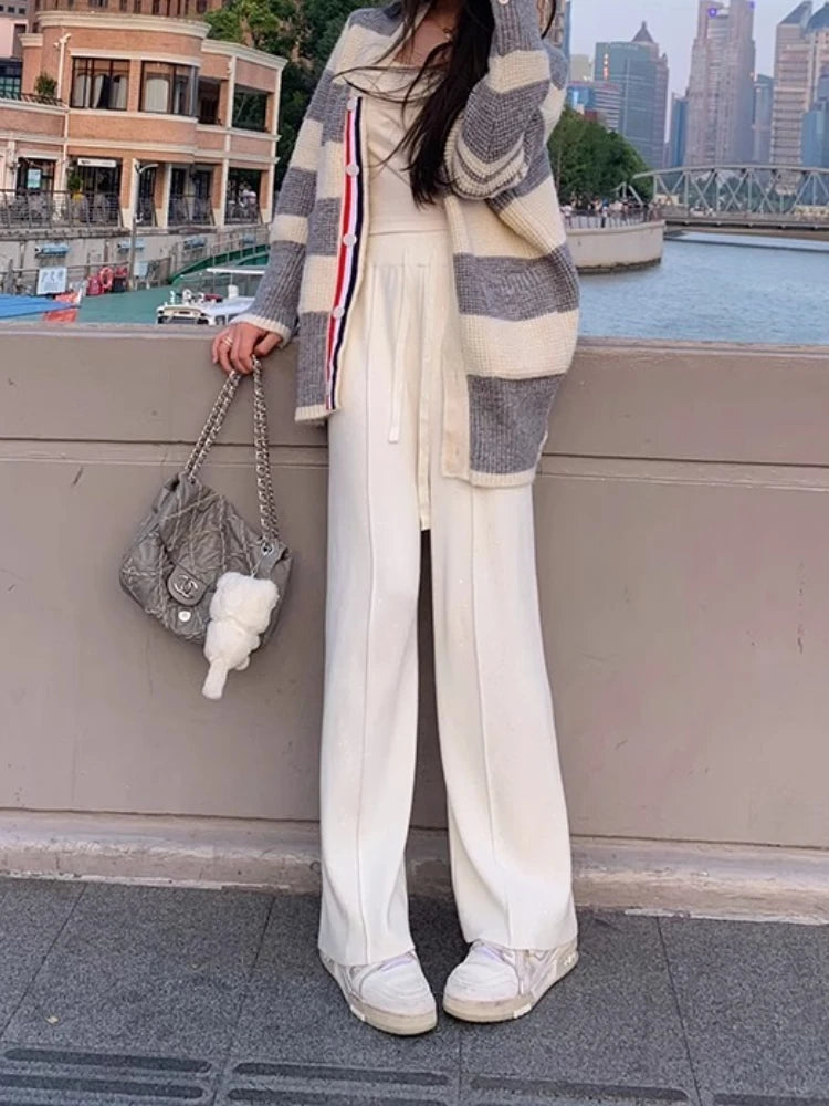 Knitted Pants Women Fashion Vintage Casual Capris Solid Loose Lace Up Wide Leg Pants Elastic Waist 2025 New Autumn Winter Pants