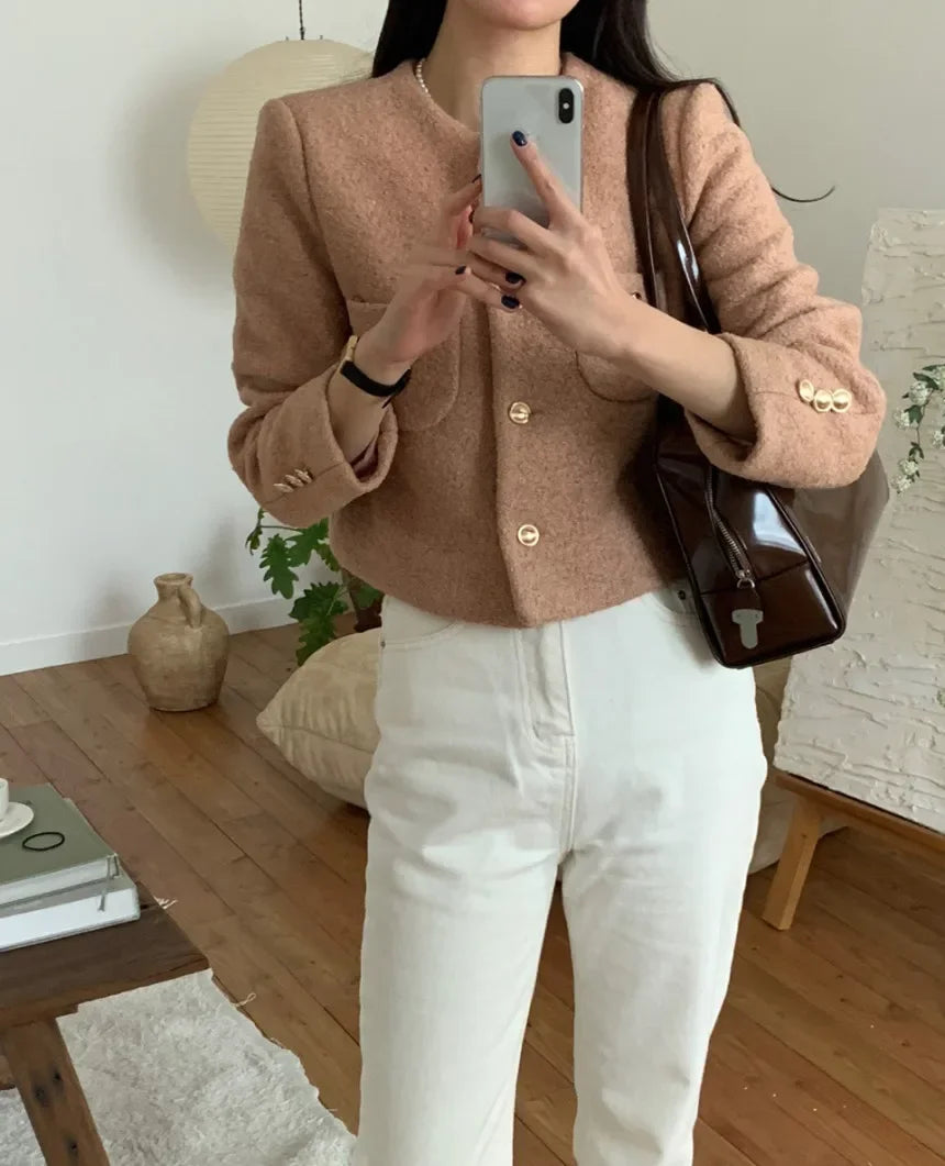 Women Autumn Winter 2025 French Vintage Coat Temperament High Quality Korean Casual Single Breasted Slim Tweed Jackets
