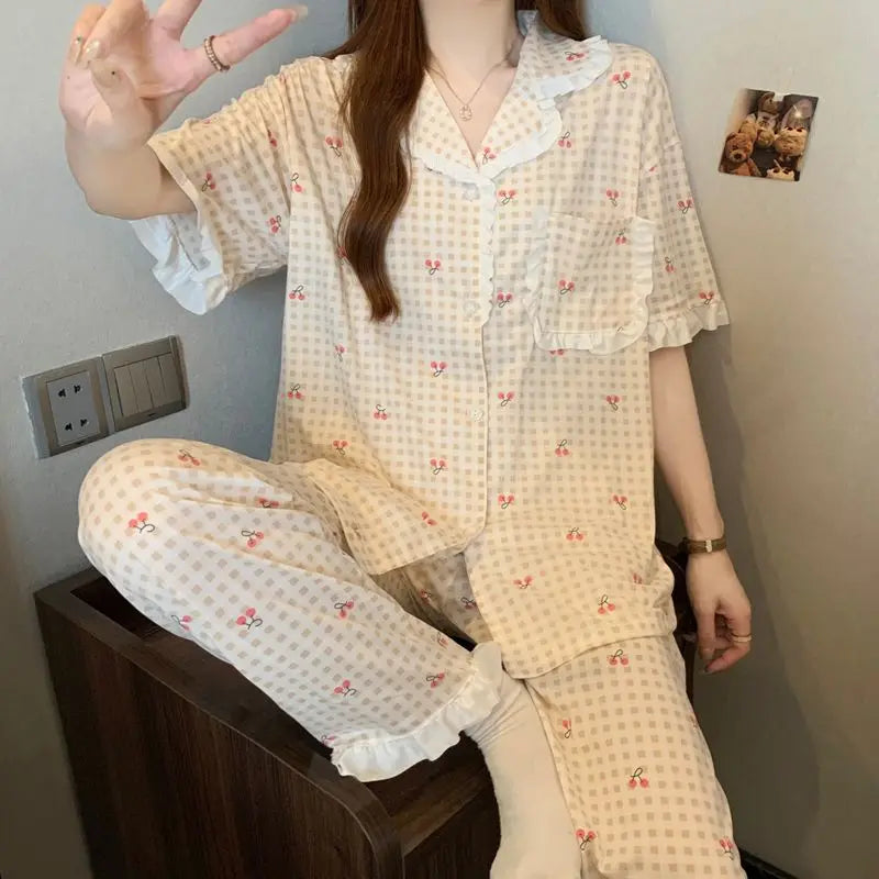 Women's Pajamas Cherry Plaid Print Sleepwear Button Top Korean Casual 3 Piece Suit Pyjama Femme Nightwear Loungewear for Summer