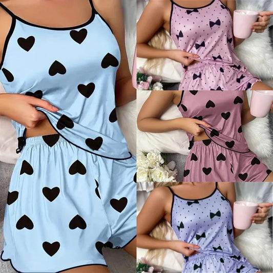 Summer New Women's Pajama Set Breathable Soft Casual Love Printed Design Sweet Home Strap Shorts Pajamas