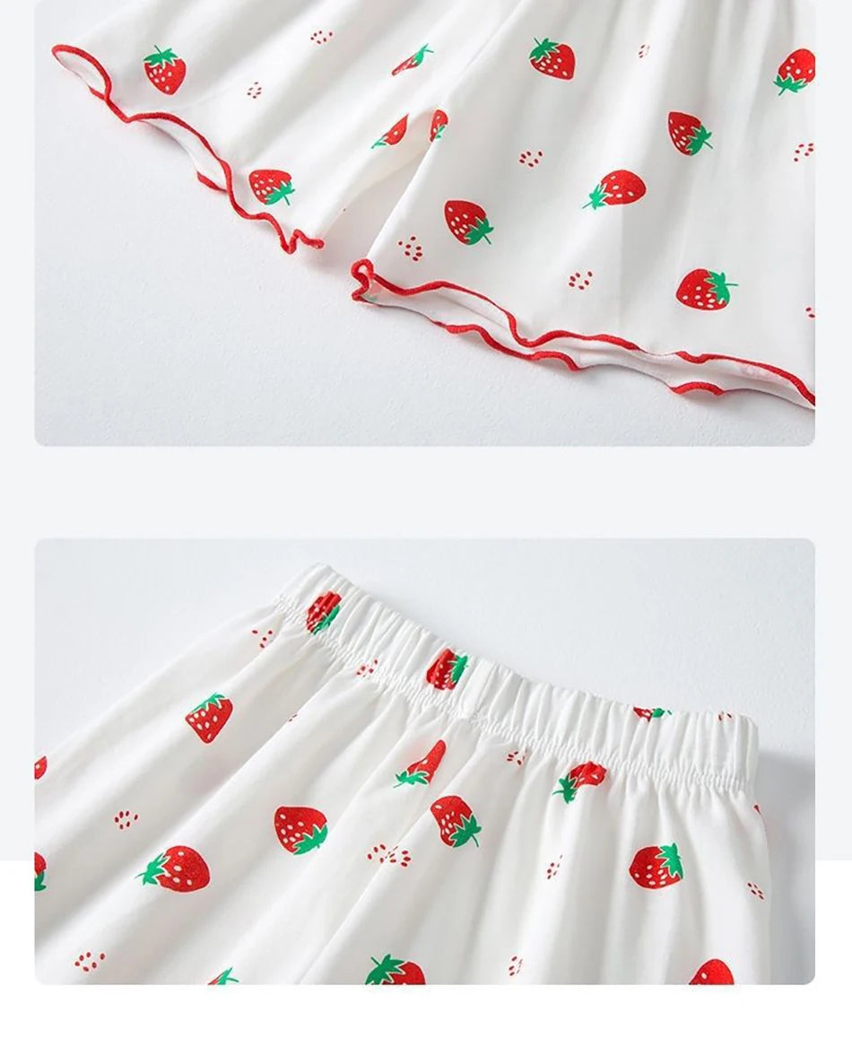 Girls Summer Pajama Sets Stylish Cartoon Pattern Printing Short Sleeve Top and Pants Made from Luxurious Cozy Ice Silk Material