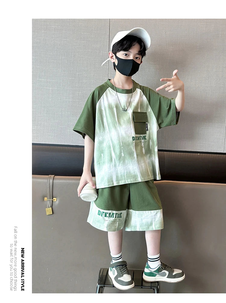 Boys Clothes Sets With Front Pocket 2025 Summer New Tshirts + Shorts Children's Clothes High Quality Kids Boy Sport Suits 5-14T