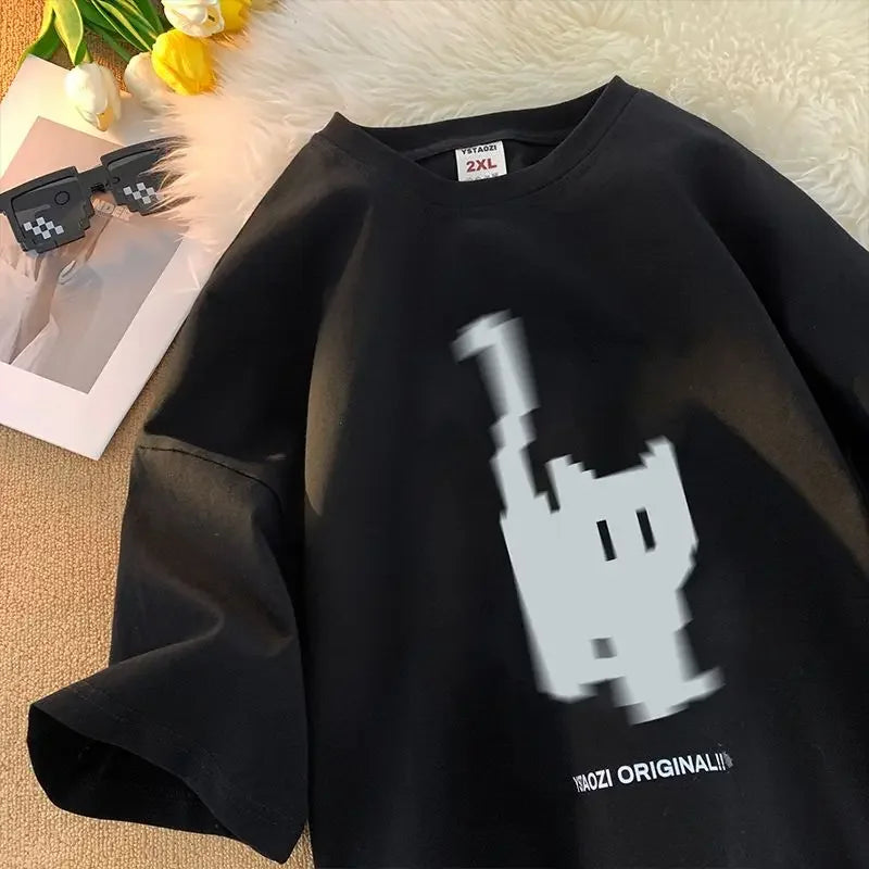 Short Sleeved T-shirt for Men and Women American Retro Pixel Style Pure Cotton Bottomed Shirt Loose Half Sleeves Summe