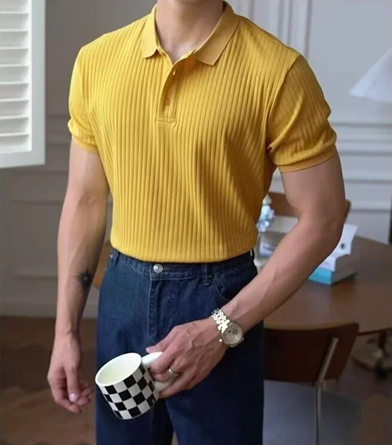 New Vertical Stripe Knit Polo Men's Shirts Summer Slim Solid Color Breathable Turn-Down Collar Business Short Sleeve Polo Tops