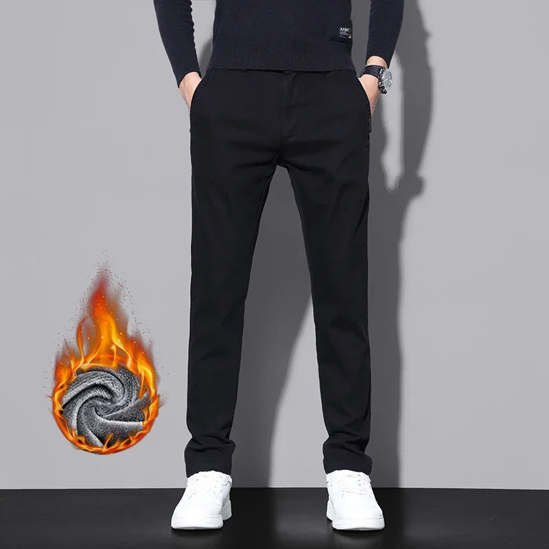Brand Fleece Pants Forr Men Winter New Warm Cotton Elastic Waist Korean Fashion Twill Straight Plush Trousers Male