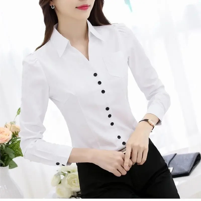 Women Blouse White Shirt Women's Long Sleeve Formal Wear Autumn Chiffon V-neck Shirt Blusas Ropa De Mujer