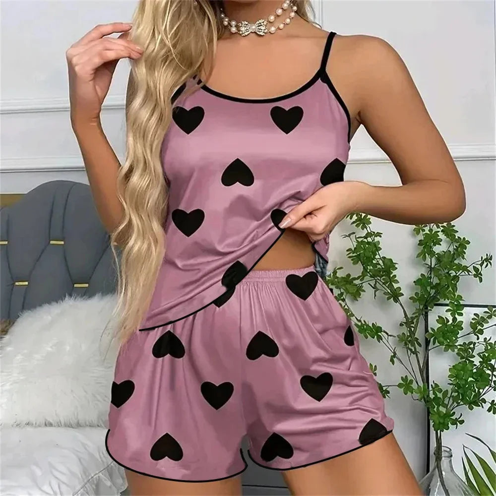 Summer New Women's Pajama Set Breathable Soft Casual Love Printed Design Sweet Home Strap Shorts Pajamas
