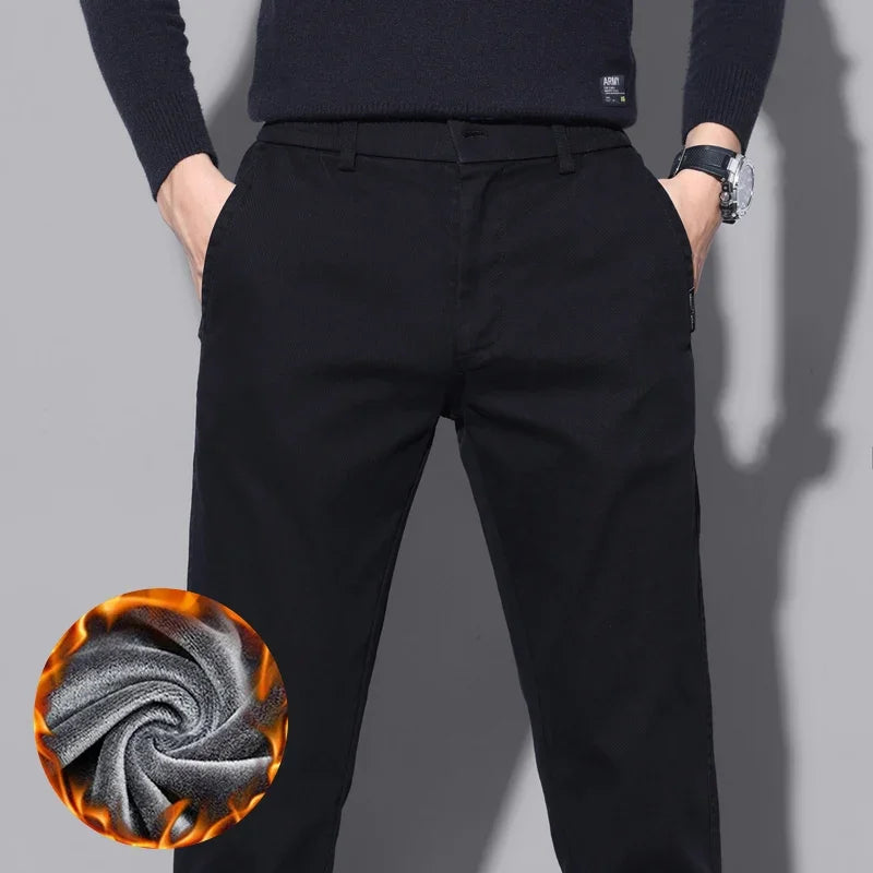 Brand Fleece Pants Forr Men Winter New Warm Cotton Elastic Waist Korean Fashion Twill Straight Plush Trousers Male