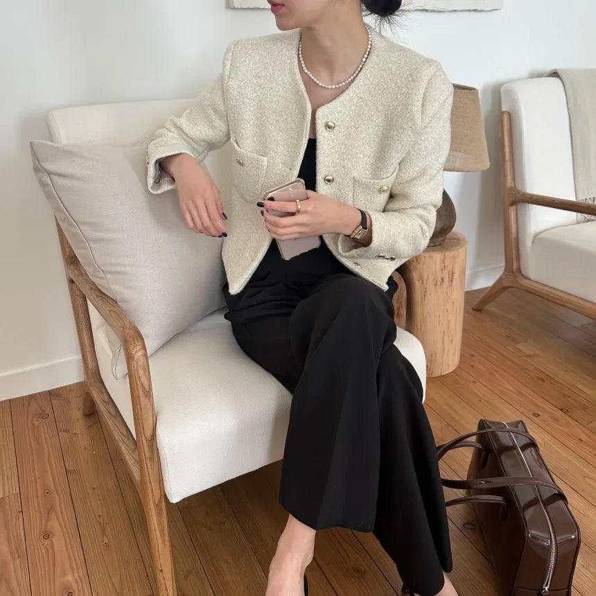 Women Autumn Winter 2025 French Vintage Coat Temperament High Quality Korean Casual Single Breasted Slim Tweed Jackets