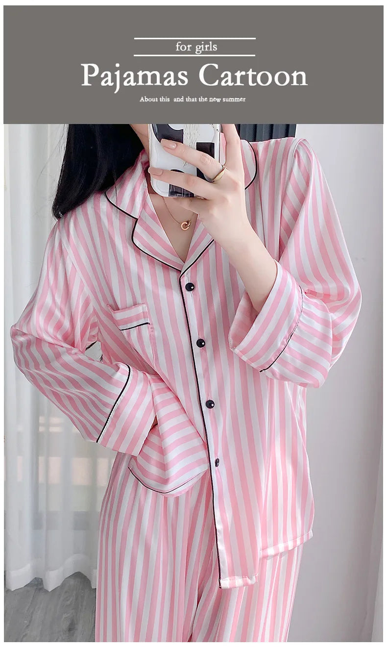 Pink Striped Pajama Set Loungewear Long Sleeves Pants Home Wear Women's Printed Lapel Sleepwear Satin Loose Casual Nightwear