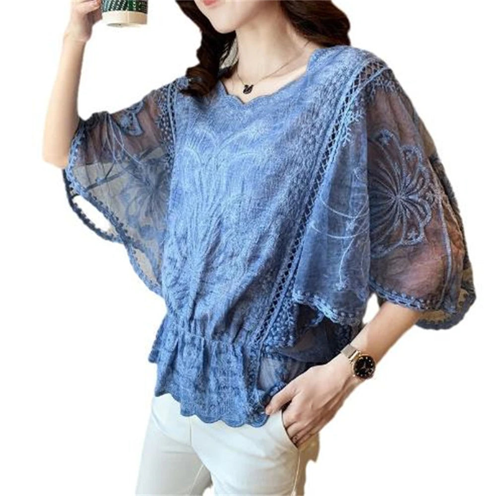 Fashion Women Blouses Spring New Chiffon Blouse Cotton Edge Lace Blouses Shirt Butterfly Flower Women Shirt Tops Blusas Hedging