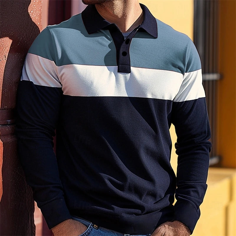 Simple Stripe Pattern Polo Shirt Fashion Casual Mens 3D Printed Long Sleeve Polo T Shirts Loose Spring Autumn Streetwear Tops
