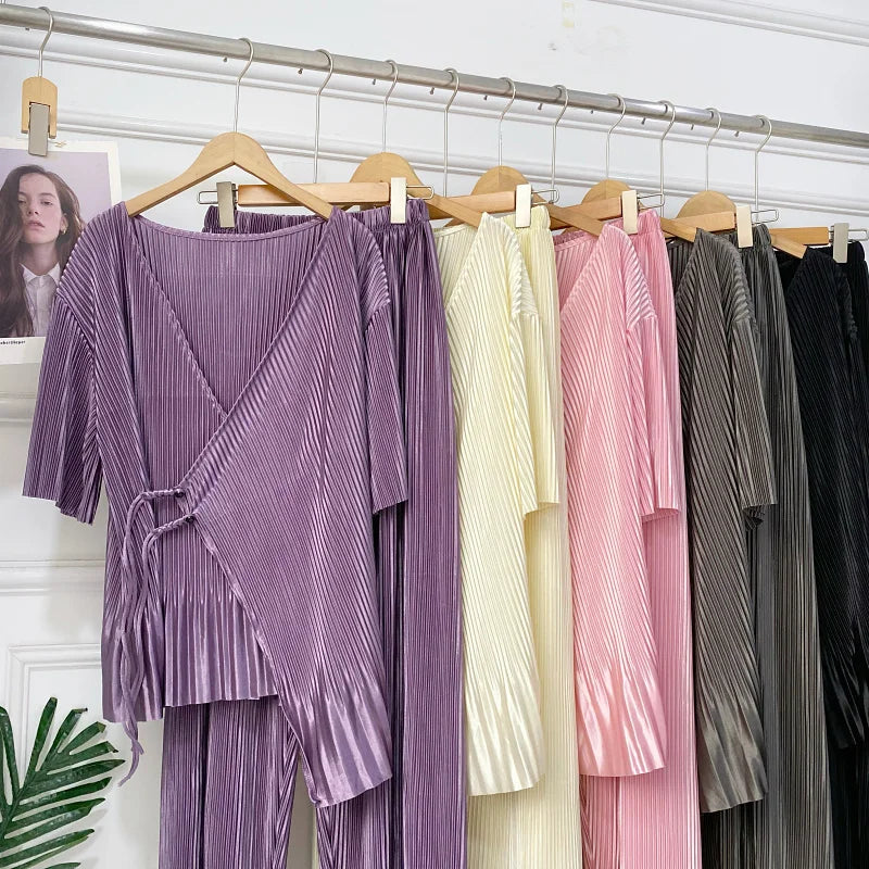 Pants Sets Fashion Elegant Pleated V-Neck Buckle Irregular Hem Tops High Waist Slim Wide Leg Pants Summer Two-Piece for Women