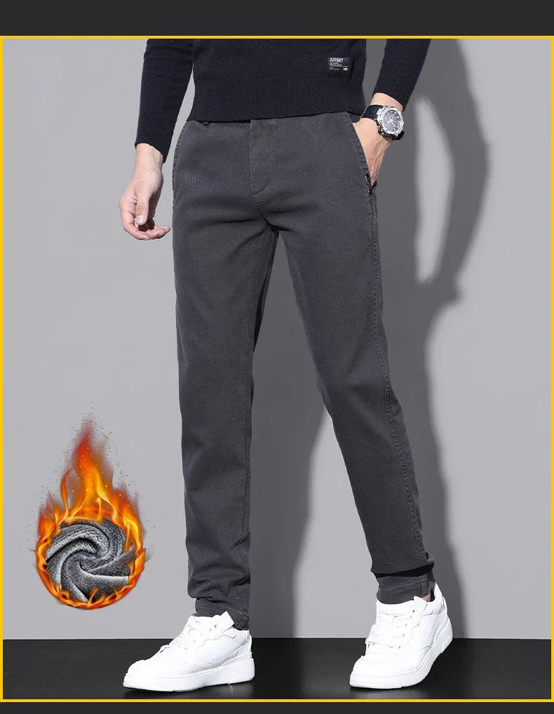 Brand Fleece Pants Forr Men Winter New Warm Cotton Elastic Waist Korean Fashion Twill Straight Plush Trousers Male
