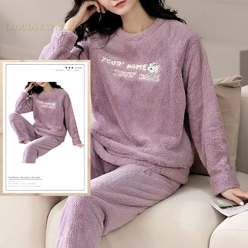 Autumn Winter Flannel Women's Pajamas Sets Polka Dots Printed Teddy Sleepwear Velvet Homewear Kawaii Girsl Pijamas Mujer Pyjama
