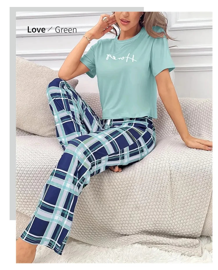 Women's Pajama Pj Set Letter Print Short Sleeve Top & Plaid Print Pants with Bow Details Casual Sleepwear for Adults All Seasons