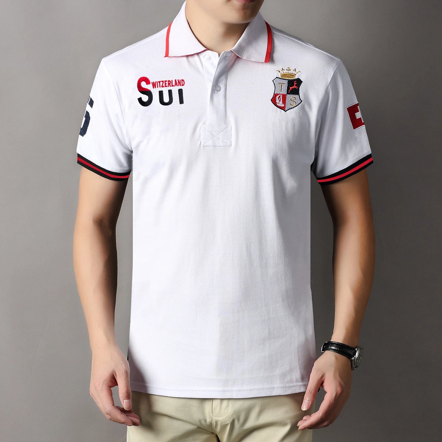 New Swiss polo shirts men short sleeved polo collars fashionable casual sporty high-end pure cotton micro elastic embroidery