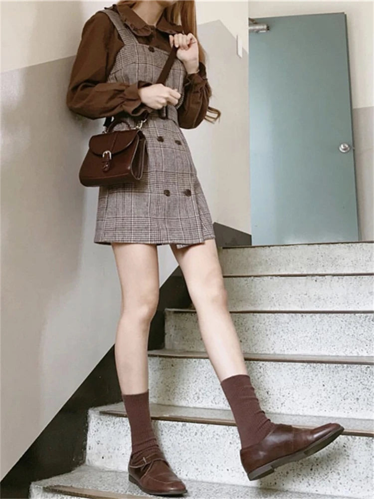Girl Plaid blouse Vintage Dress suits Women Dresses Female Sundress suit braces Robe Femme Vestido separately 2 piece set women