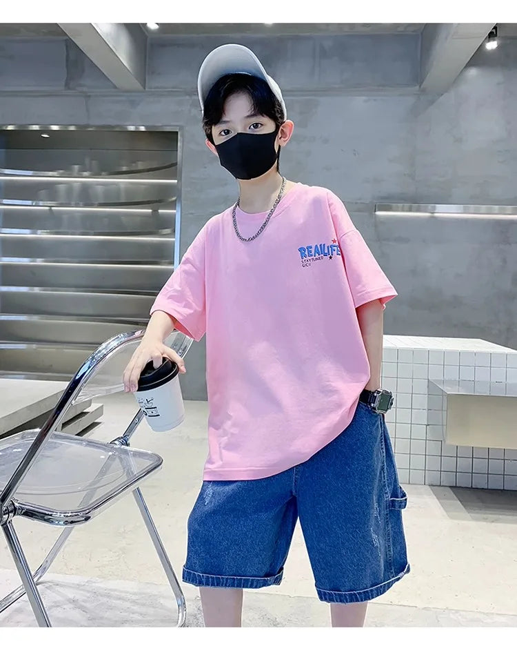 Summer Kids Clothes Streetwear Fashion English Skateboard Print T Shirt 100%Cotton Tops Tees Children Short Sleeve Boys Clothes
