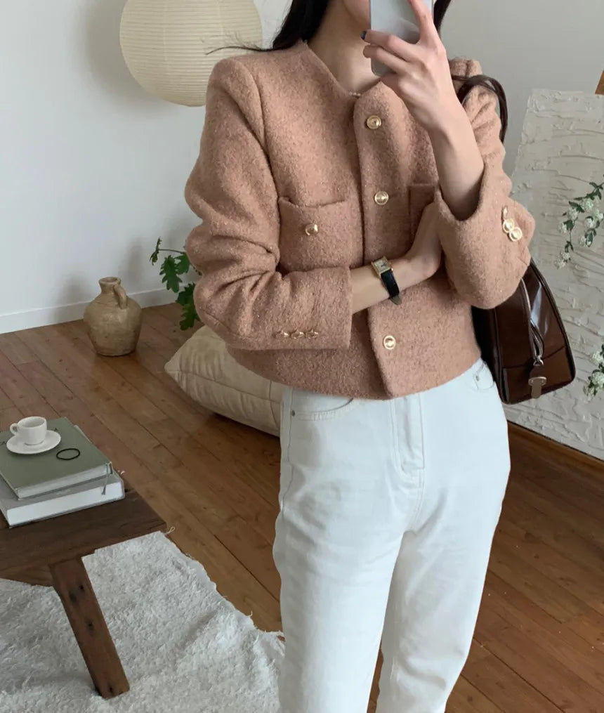 Women Autumn Winter 2025 French Vintage Coat Temperament High Quality Korean Casual Single Breasted Slim Tweed Jackets