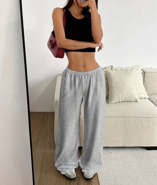 Women's Pants 2024 Spring Fashion Solid Color Low Waisted Casual Elastic Waisted Lace Up Wide Leg Daily Sports Pants