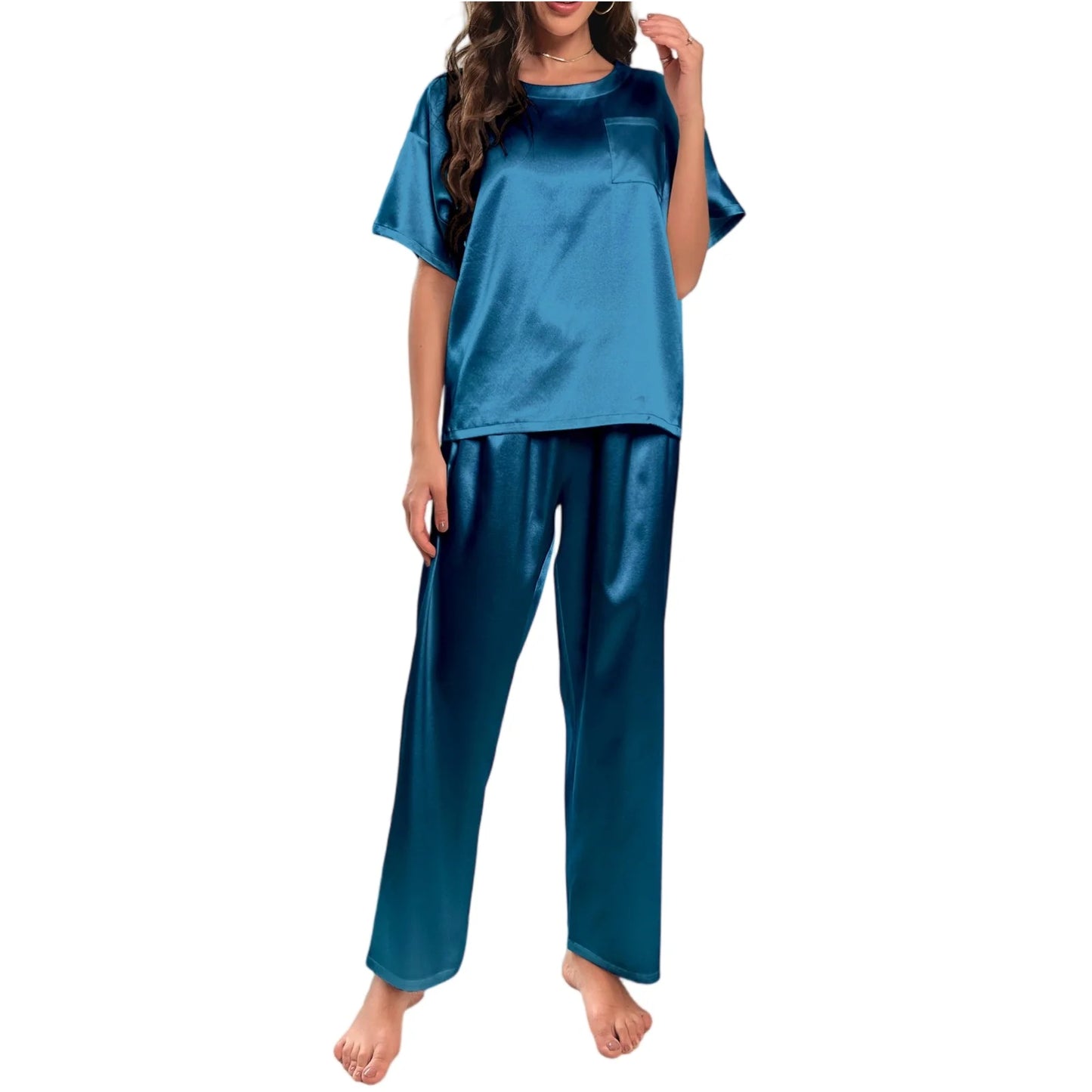 High Quality Casual Ice Silk Loose Pajamas Set Short Sleeved Long Pants Comfortable Pajama Set Daily Home Clothes Pajama Set