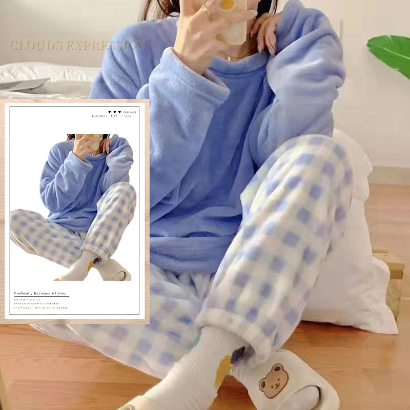 Autumn Winter Flannel Women's Pajamas Sets Polka Dots Printed Teddy Sleepwear Velvet Homewear Kawaii Girsl Pijamas Mujer Pyjama