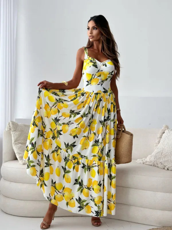 Women's Vest Dress Sexy Off-shoulder Fashion Fruit Print Party Backless Party Vacation Long Dress