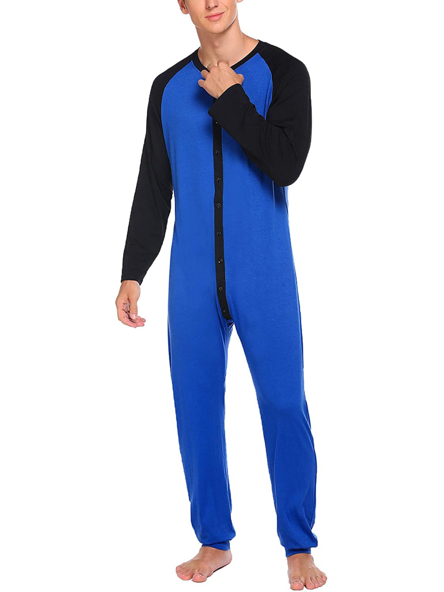 Men s Button Down  s Pajama Long Sleeve Round Neck Color Block Jumpsuit Nightwear For Adults